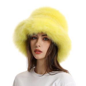 faux fur bucket hat for women in yellow 1 Alicefurs
