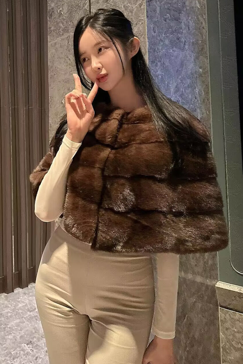 Faux Fur Cape Short Brown Vintage Layered Wrap for Women