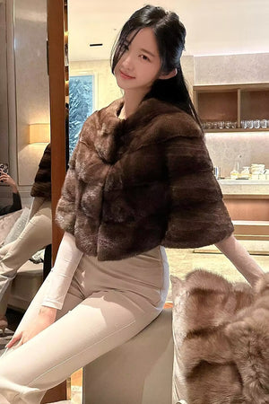 faux fur cape short brown vintage layered wrap for women 2 Alicefurs