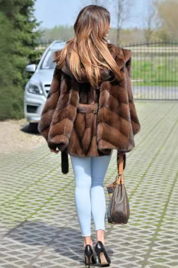 Faux Fur Cape Women's Brown Hooded Furry Swing Coat with Belt