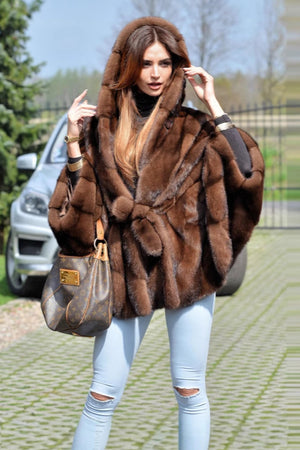 faux fur cape womens brown hooded furry swing coat with belt 4 Alicefurs