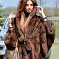 faux fur cape womens brown hooded furry swing coat with belt Alicefurs