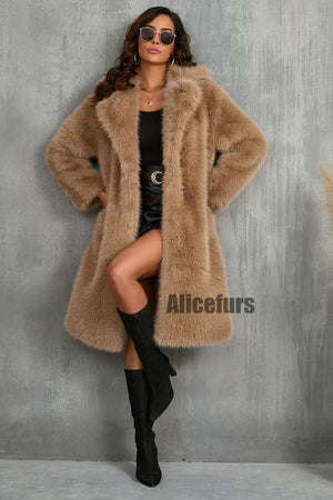 faux fur coat long womens winter furry overcoat with notch collar in brown 2 Alicefurs