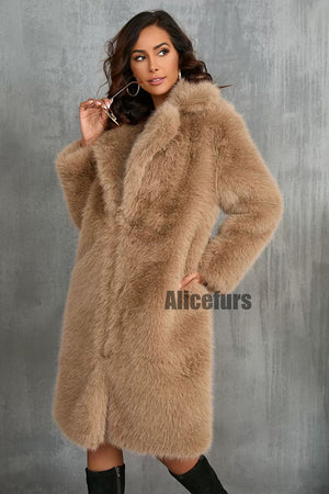 faux fur coat long womens winter furry overcoat with notch collar in brown 3 Alicefurs