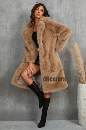 faux fur coat long womens winter furry overcoat with notch collar in brown 4 Alicefurs
