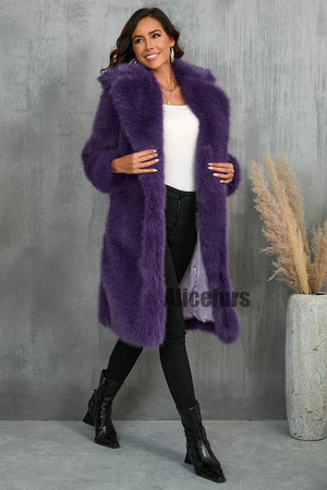 faux fur coat long womens winter furry overcoat with notch collar in purple 2 Alicefurs