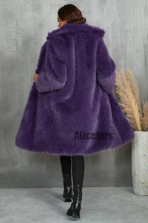 faux fur coat long womens winter furry overcoat with notch collar in purple 3 Alicefurs