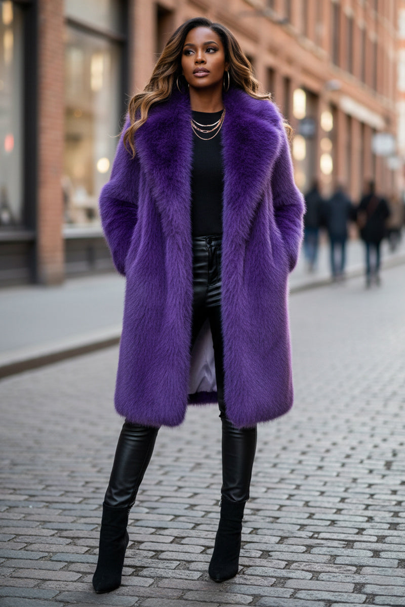 Faux Fur Coat Long Women's Winter Furry Overcoat with Notch Collar