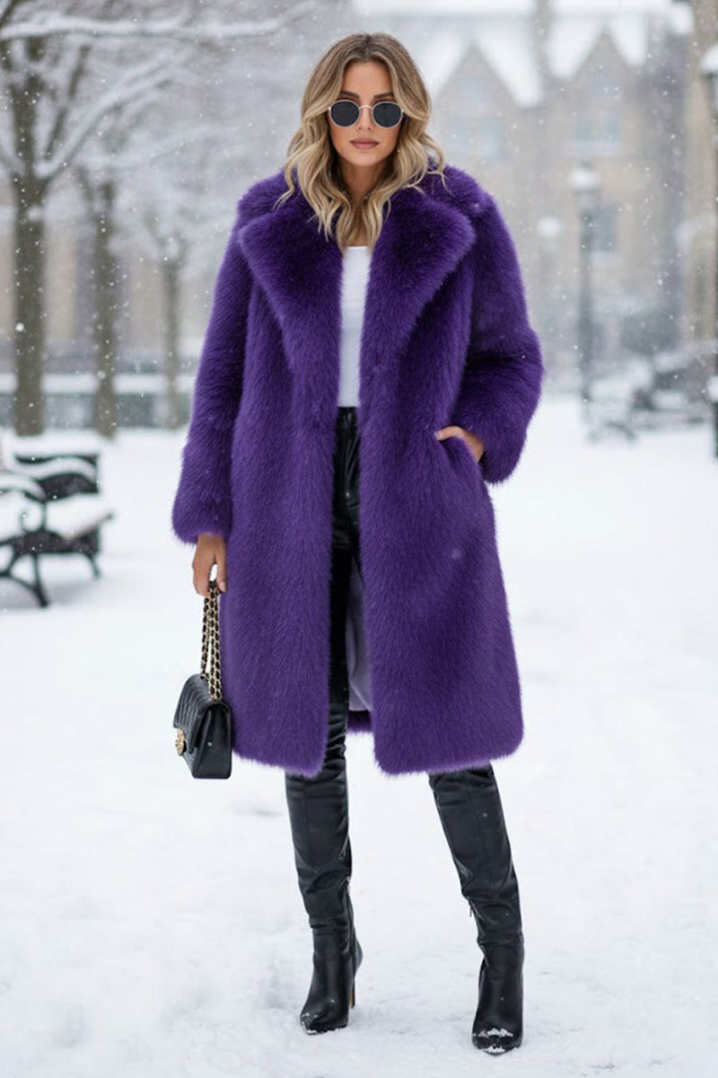 Faux Fur Coat Long Women's Winter Furry Overcoat with Notch Collar