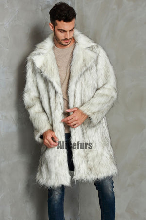 faux fur coat winter long fluffy overcoat for men in white 2 Alicefurs