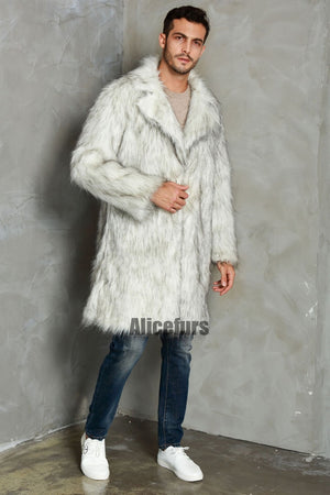 faux fur coat winter long fluffy overcoat for men in white 3 Alicefurs