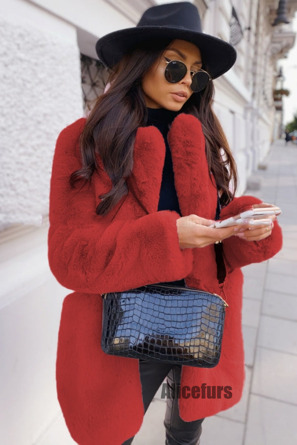 Manteau en fausse fourrure mi-long pour femme, vêtement d'extérieur à col à revers