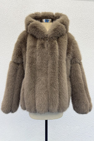 faux fur coat with hood winter fluffy zipper jacket for women in light taupe Alicefurs