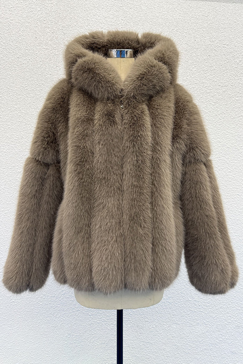 Faux Fur Coat with Hood Winter Fluffy Zipper Jacket for Women