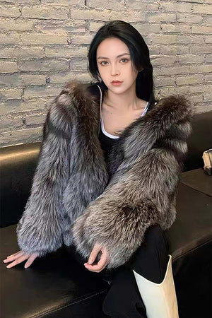 faux fur coat with hood winter fluffy zipper jacket for women in silver 1 Alicefurs
