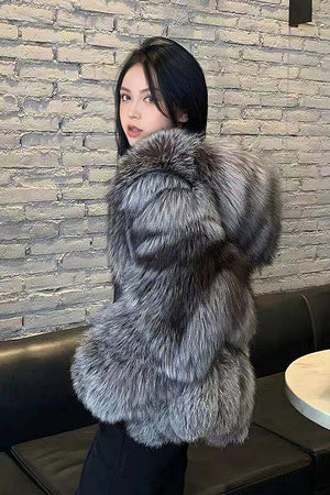 faux fur coat with hood winter fluffy zipper jacket for women in silver 2 Alicefurs