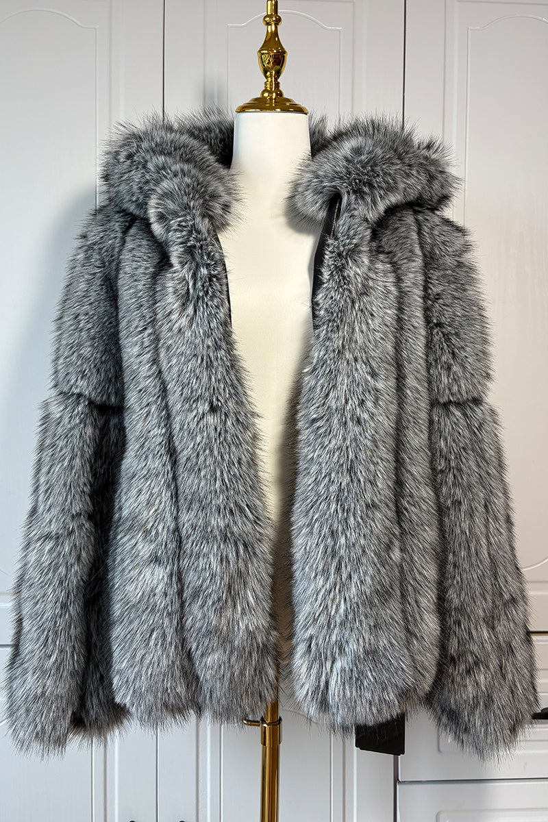 Faux Fur Coat with Hood Winter Fluffy Zipper Jacket for Women