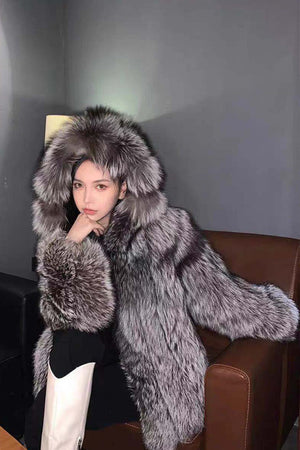 faux fur coat with hood winter fluffy zipper jacket for women in silver Alicefurs