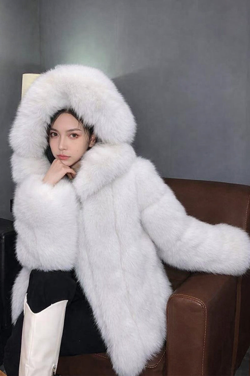 Faux Fur Coat with Hood Winter Fluffy Zipper Jacket for Women