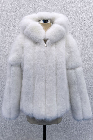faux fur coat with hood winter fluffy zipper jacket for women in white Alicefurs