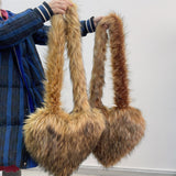 Faux Fur Heart Bag Large Fluffy Tote Purse for Women