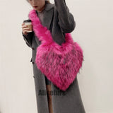 Faux Fur Heart Bag Large Fluffy Tote Purse for Women