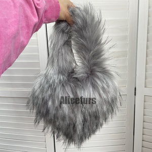 faux fur heart handbag small furry tote purse for women in gray Alicefurs