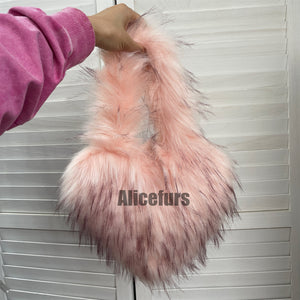 faux fur heart handbag small furry tote purse for women in pink Alicefurs