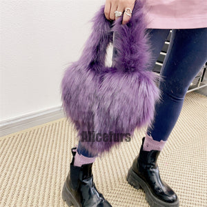 faux fur heart handbag small furry tote purse for women in purple Alicefurs