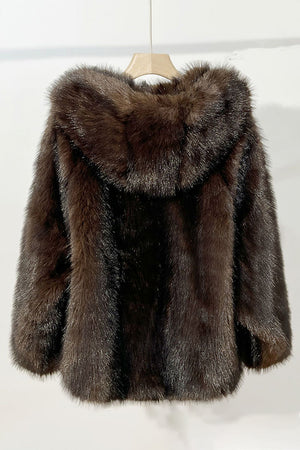 faux fur hooded jacket oversized short fluffy coat for women in dark brown 1 Alicefurs