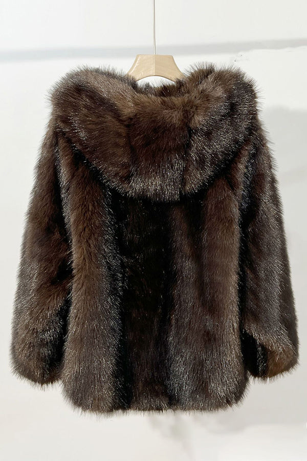 Faux Fur Hooded Jacket Oversized Short Fluffy Coat for Women