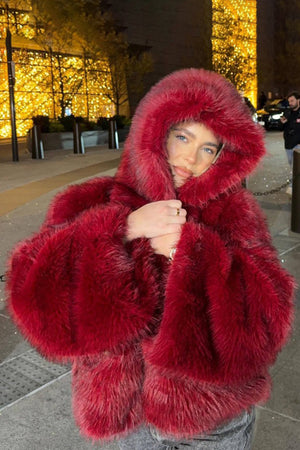 faux fur hooded jacket oversized short fluffy coat for women in red 3 Alicefurs