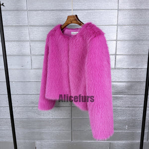 faux fur jacket casual short fuzzy overcoat for women in fuchsia 1 Alicefurs