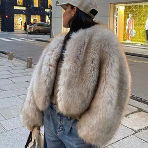 faux fur jacket winter cropped furry overcoat for women in khaki 1 Alicefurs