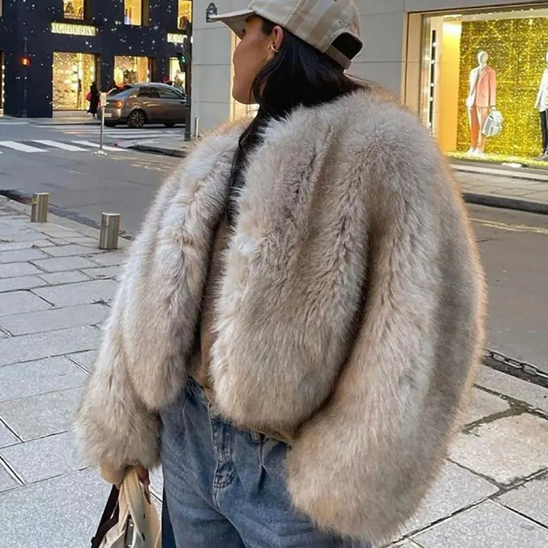 Faux Fur Jacket Winter Cropped Furry Overcoat for Women