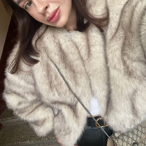 faux fur jacket winter cropped furry overcoat for women in khaki 3 Alicefurs