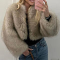 faux fur jacket winter cropped furry overcoat for women in khaki 5 Alicefurs