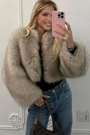 faux fur jacket winter cropped furry overcoat for women in khaki 5 Alicefurs
