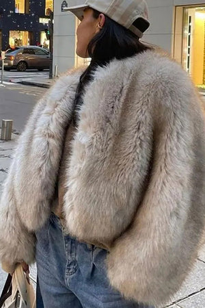 faux fur jacket winter cropped furry overcoat for women in khaki 6 Alicefurs