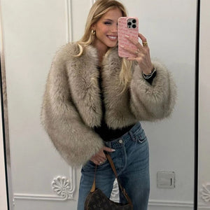 faux fur jacket winter cropped furry overcoat for women in khaki Alicefurs