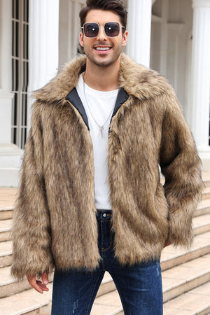 faux fur jacket winter short fluffy outerwear for men in brown 1 Alicefurs