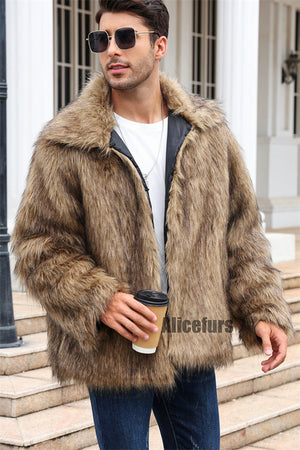 faux fur jacket winter short fluffy outerwear for men in brown 2 Alicefurs