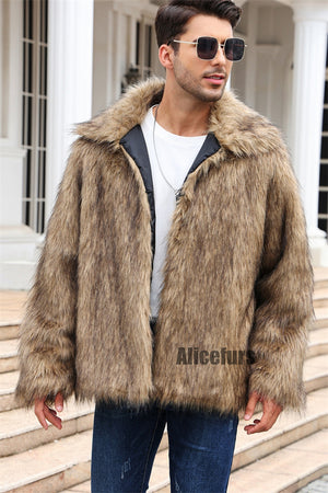 faux fur jacket winter short fluffy outerwear for men in brown 3 Alicefurs