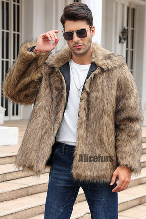 faux fur jacket winter short fluffy outerwear for men in brown 4 Alicefurs