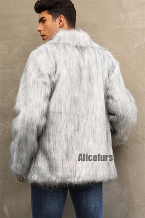 faux fur jacket winter short fluffy outerwear for men in dusty white 1 Alicefurs