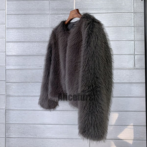 faux fur jacket winter short fluffy outerwear for women in dark grey 1 Alicefurs
