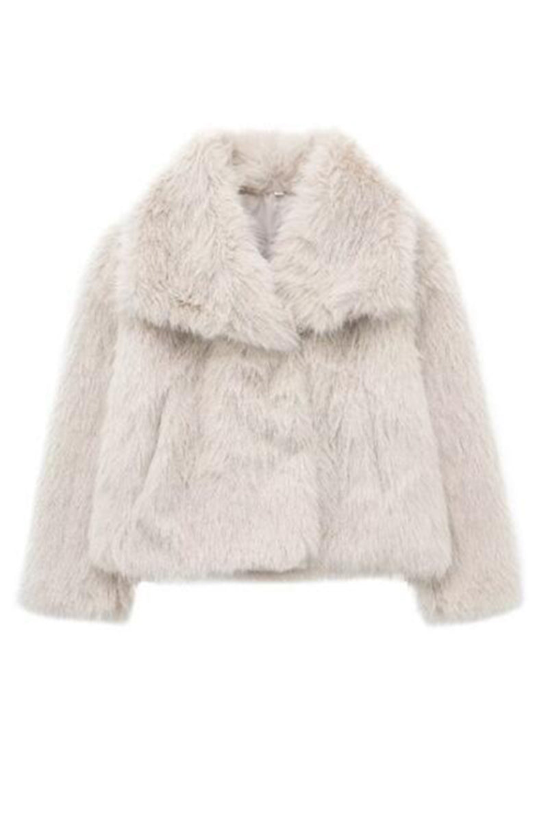 faux fur jacket with shawl collar winter short outwear for women in beige 2 Alicefurs