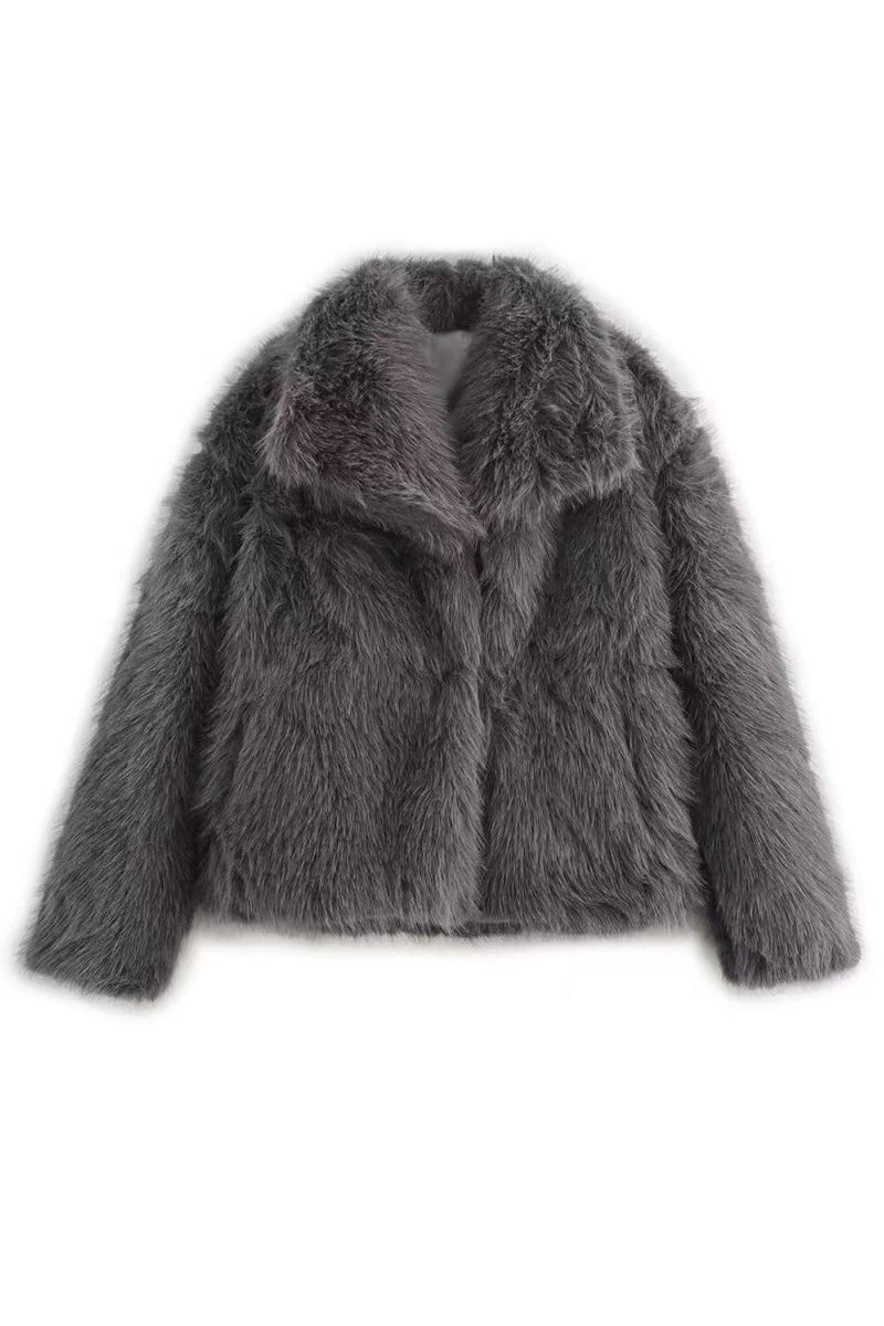 faux fur jacket with shawl collar winter short outwear for women in grey 2 Alicefurs
