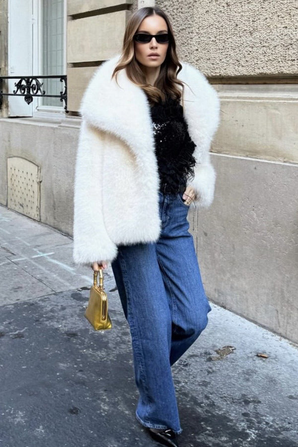 faux fur jacket with shawl collar winter short outwear for women in white 3 Alicefurs