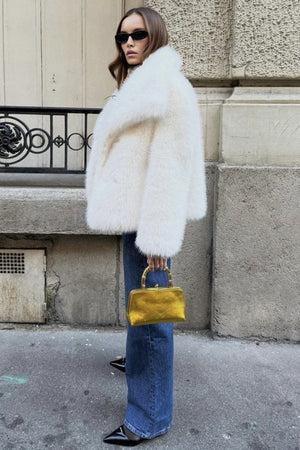 faux fur jacket with shawl collar winter short outwear for women in white 4 Alicefurs